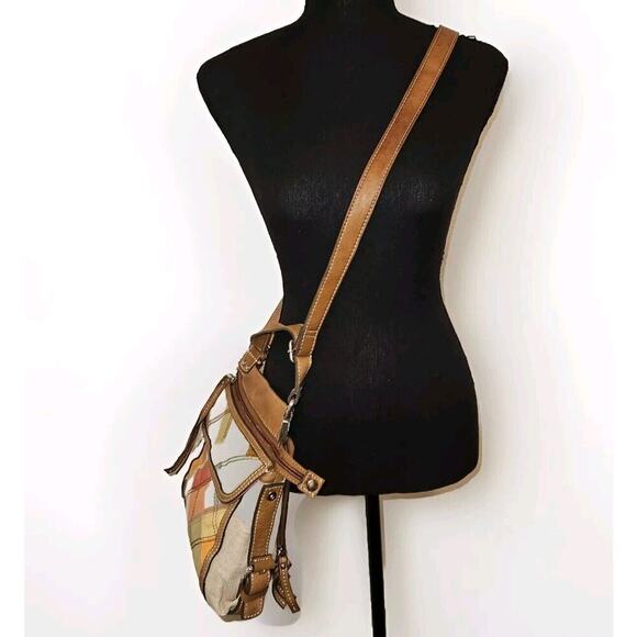 Fossil Patchwork Handbag Bag Leather Canvas Multicolor 10.5x10 - Picture 5 of 13